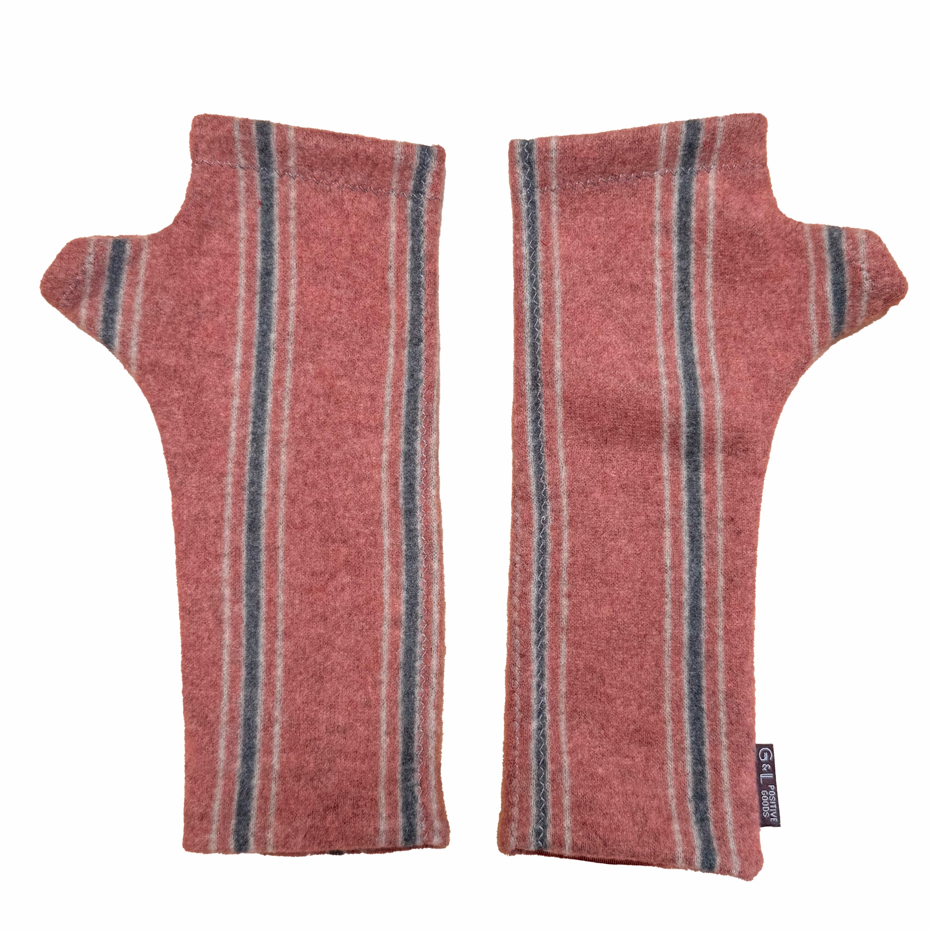 Pair of rust striped fingerless gloves on a white background  G & L