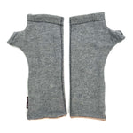 Gemini Wrist Warmers in cloudy grey colorway – front view showing lined upcycled cotton jersey fabric