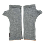 Gemini Wrist Warmers in cloudy grey colorway – front view showing lined upcycled cotton jersey fabric