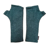 Pair of grey teal waffle knit fingerless gloves on a white background