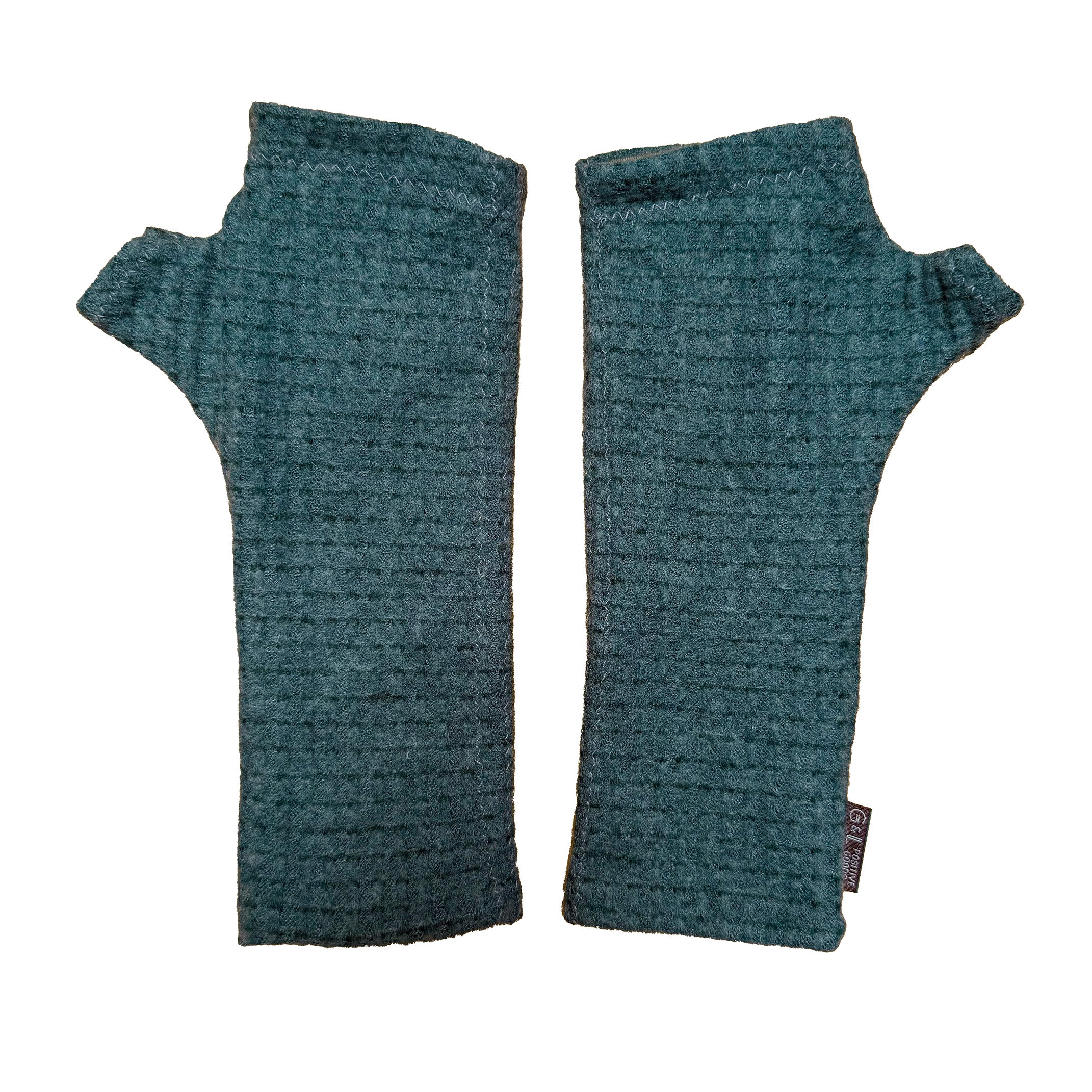 Pair of grey teal waffle knit fingerless gloves on a white background