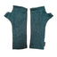 Pair of grey teal waffle knit fingerless gloves on a white background