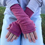 Gemini Wrist Warmers in berry colorway – worn by female model, styled look front