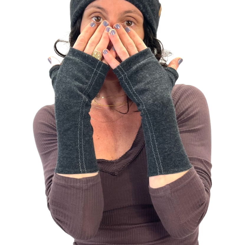 Person wearing a dark gray beanie and gloves on a white background