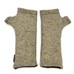 Gemini Wrist Warmers in yellow tan marl colorway – front view showing lined upcycled cotton jersey fabric