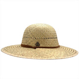Side view of Hana Palm Straw Sun Hat with wide brim and adjustable chin strap, handmade from natural palm straw.