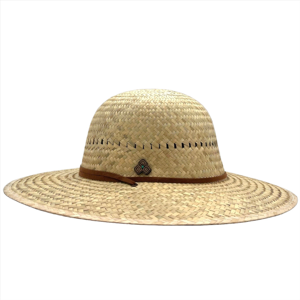 Side view of Hana Palm Straw Sun Hat with wide brim and adjustable chin strap, handmade from natural palm straw.