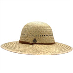 Side view of Hana Palm Straw Sun Hat with wide brim and adjustable chin strap, handmade from natural palm straw.