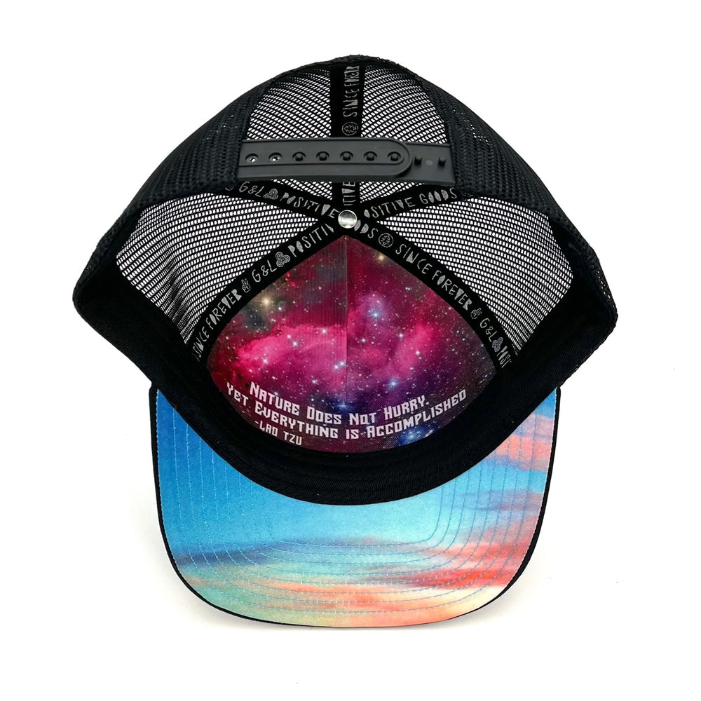 Underside view of the Horizon Trucker Hat, highlighting the durable brim, soft interior, and high-quality stitching.