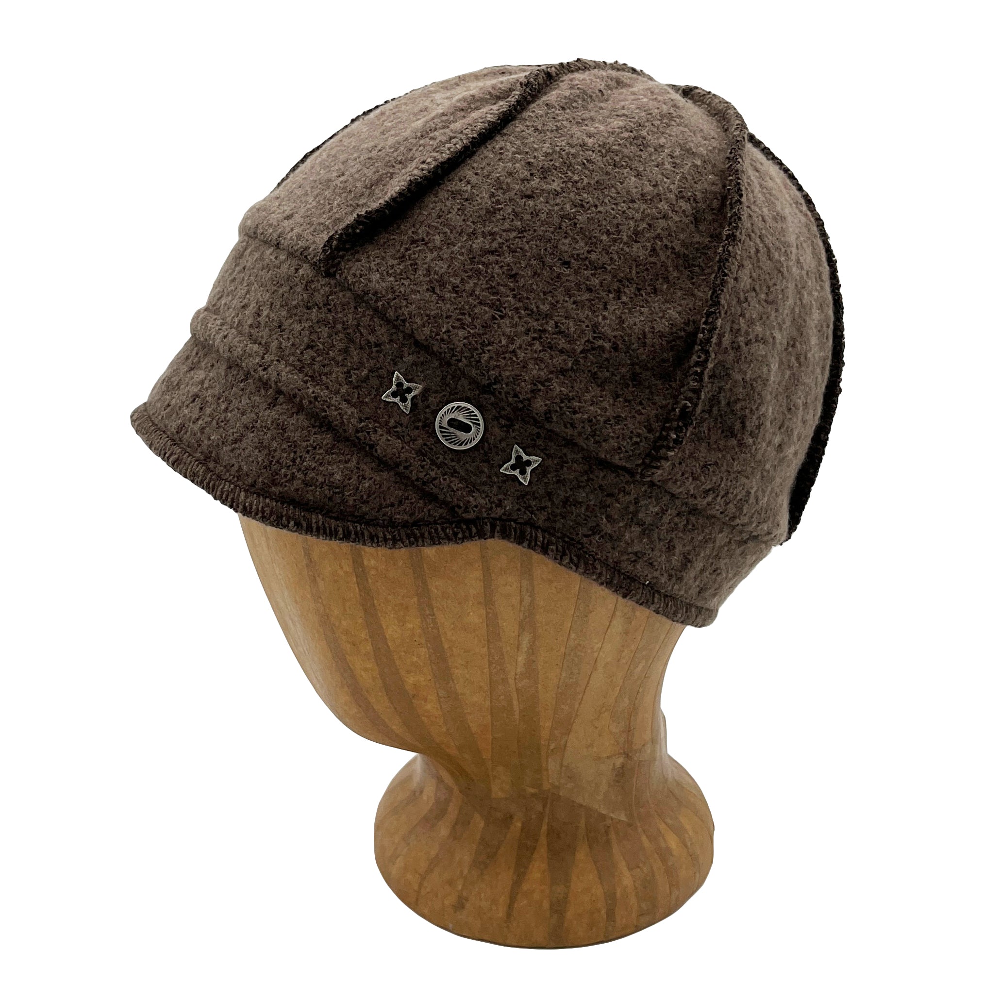 Jax Soft Cap in brown earth color way, profile angle view – stretch fit soft cap with stitching