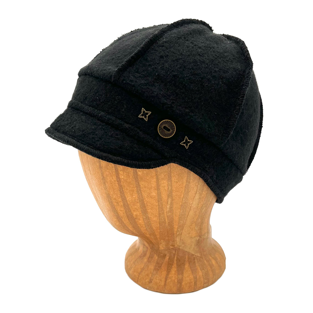 Jax Soft Cap in jet black color way, profile angle view – stretch fit soft cap with stitching