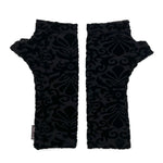 Jovie Wrist Warmers in black burnout color, front view – crushed velvet fingerless gloves