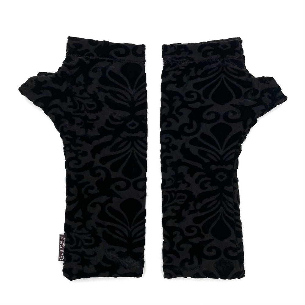 Jovie Wrist Warmers in black burnout color, front view – crushed velvet fingerless gloves