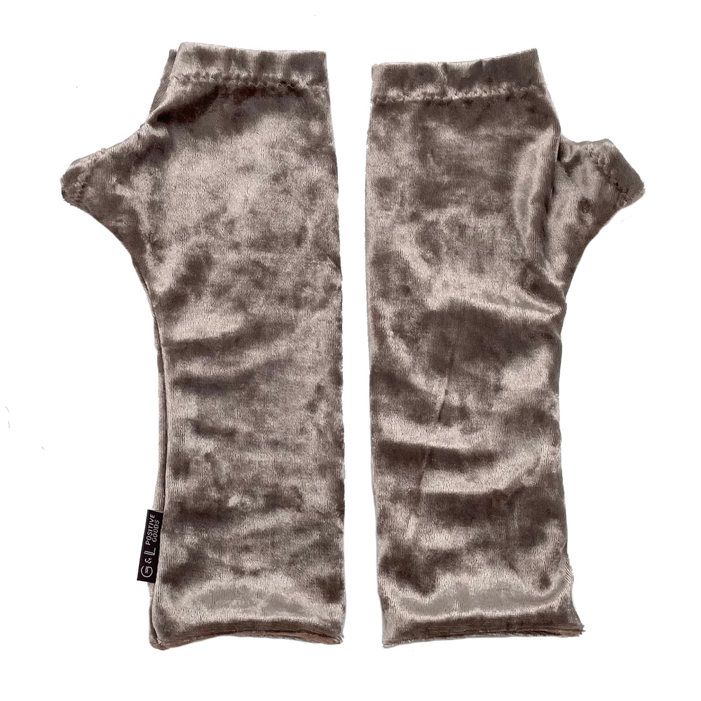 Jovie Wrist Warmers in champagne color, front view – crushed velvet fingerless gloves