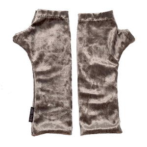 Jovie Wrist Warmers in champagne color, front view – crushed velvet fingerless gloves