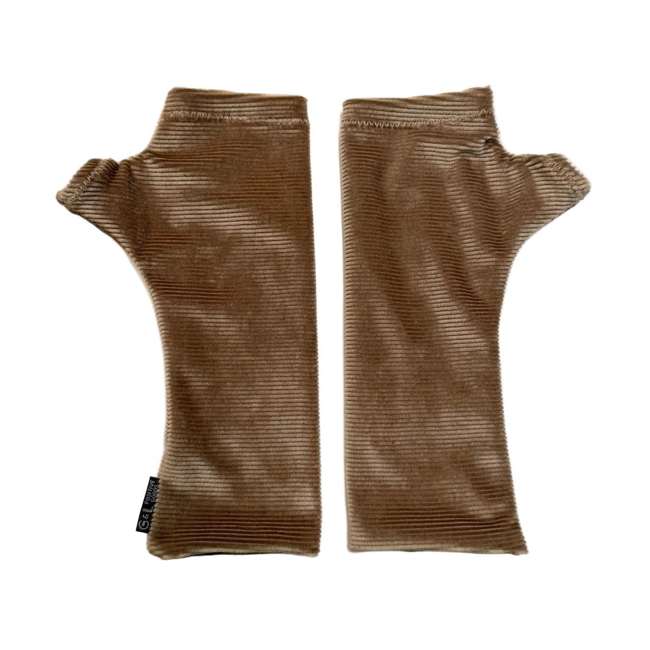 A pair of brown ribbed corduroy fingerless gloves laid flat on a white background.