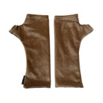 A pair of brown ribbed corduroy fingerless gloves laid flat on a white background.