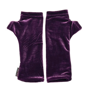 Jovie Wrist Warmers in royal purple color, front view – crushed velvet fingerless gloves
