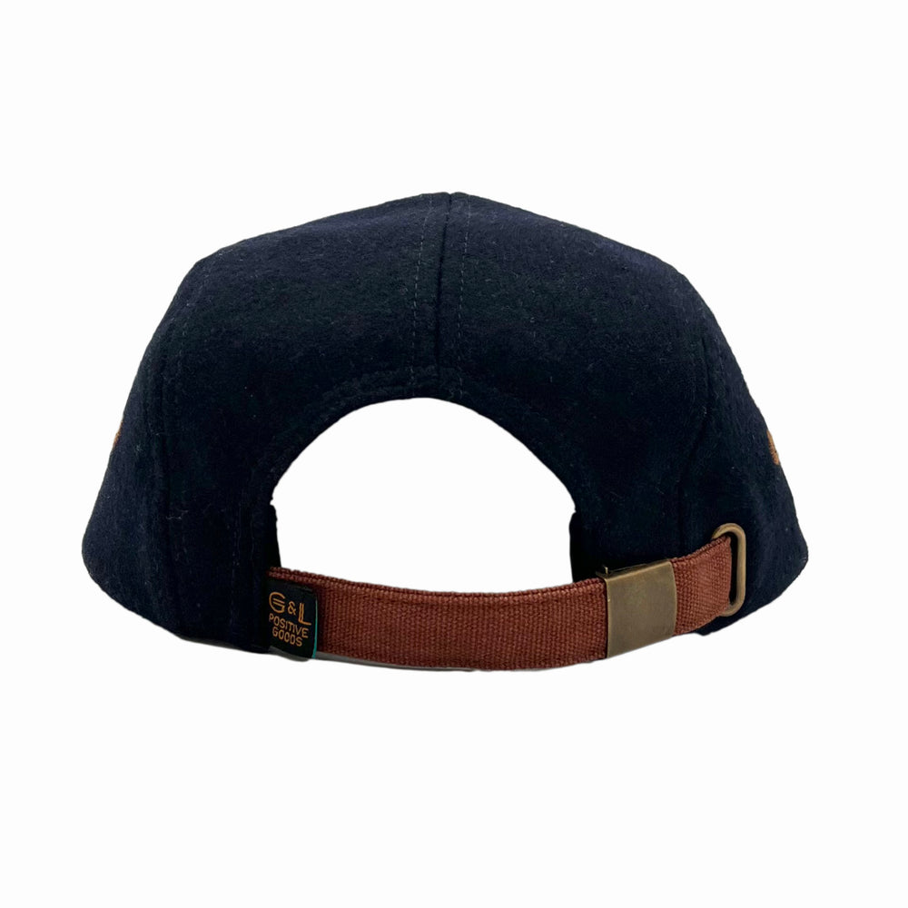 Back side view of Kamp Hat with 5 panel structure and vintage wool design