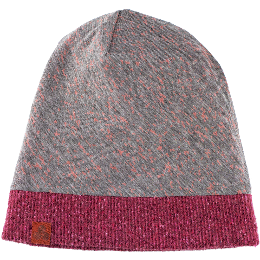 Kids Beanie in pink grey winter berry color – front view with jersey print and recycled cotton lining