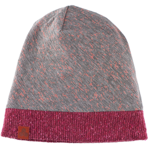 Kids Beanie in pink grey winter berry color – front view with jersey print and recycled cotton lining