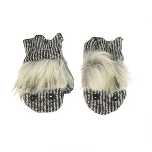 Kids Monster Mittens front view, black stripe faux fur color way – recycled fleece mittens with fun monster design