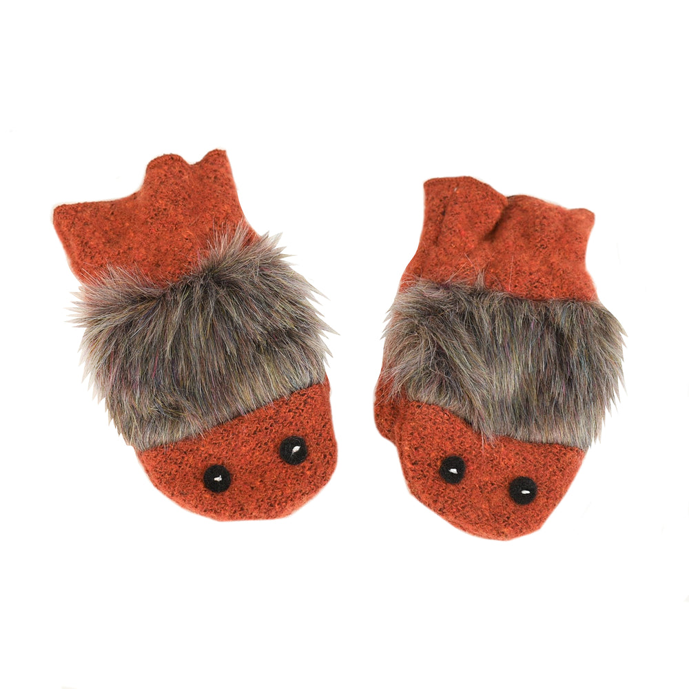 Kids Monster Mittens front view, red orange brown spice faux fur color way – recycled fleece mittens with fun monster design