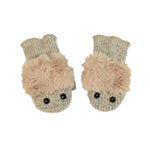 Kids Monster Mittens front view, white pink faux fur color way – recycled fleece mittens with fun monster design