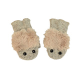 Kids Monster Mittens front view, white pink faux fur color way – recycled fleece mittens with fun monster design