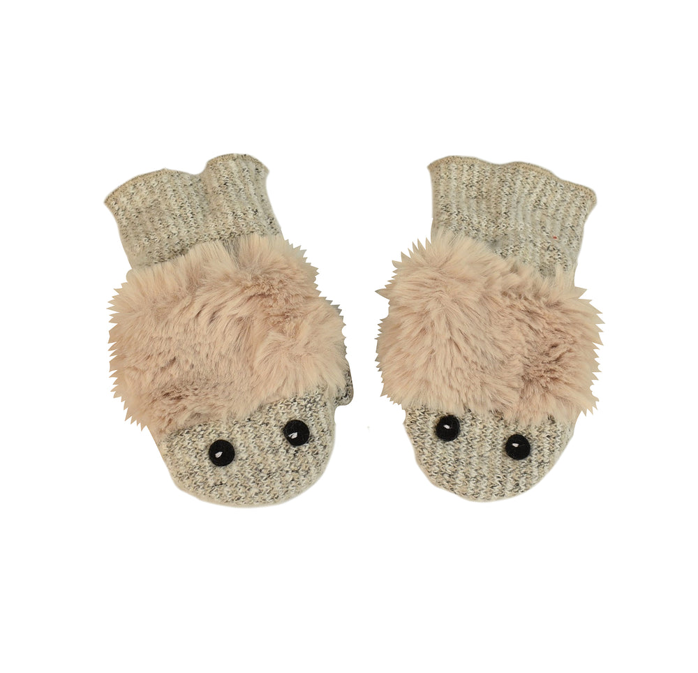 Kids Monster Mittens front view, white pink faux fur color way – recycled fleece mittens with fun monster design