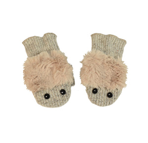 Kids Monster Mittens front view, white pink faux fur color way – recycled fleece mittens with fun monster design