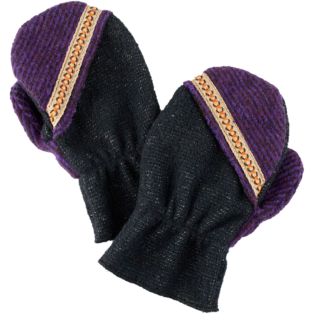 Kids Playground Mittens black, purple, gold, orange, beige color way front view – recycled fleece with fun monster design