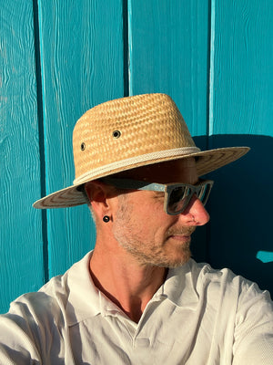 Mateo Fedora side view on male model – lightweight palm straw fedora