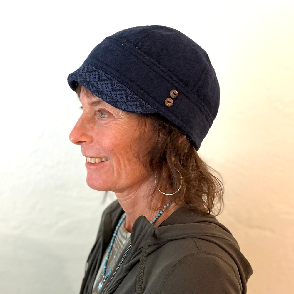Misty Soft Cap on female model in navy blue, profile view– women's sustainable soft cap style