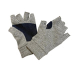 A pair of heather gray fingerless knit gloves with dark navy blue grip panels on the palms, displayed on a white background.
