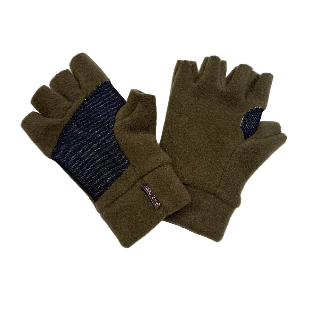 A pair of fingerless gloves in olive green fleece with dark navy blue contrast panels on the palms and backs, displayed on a clean white background.