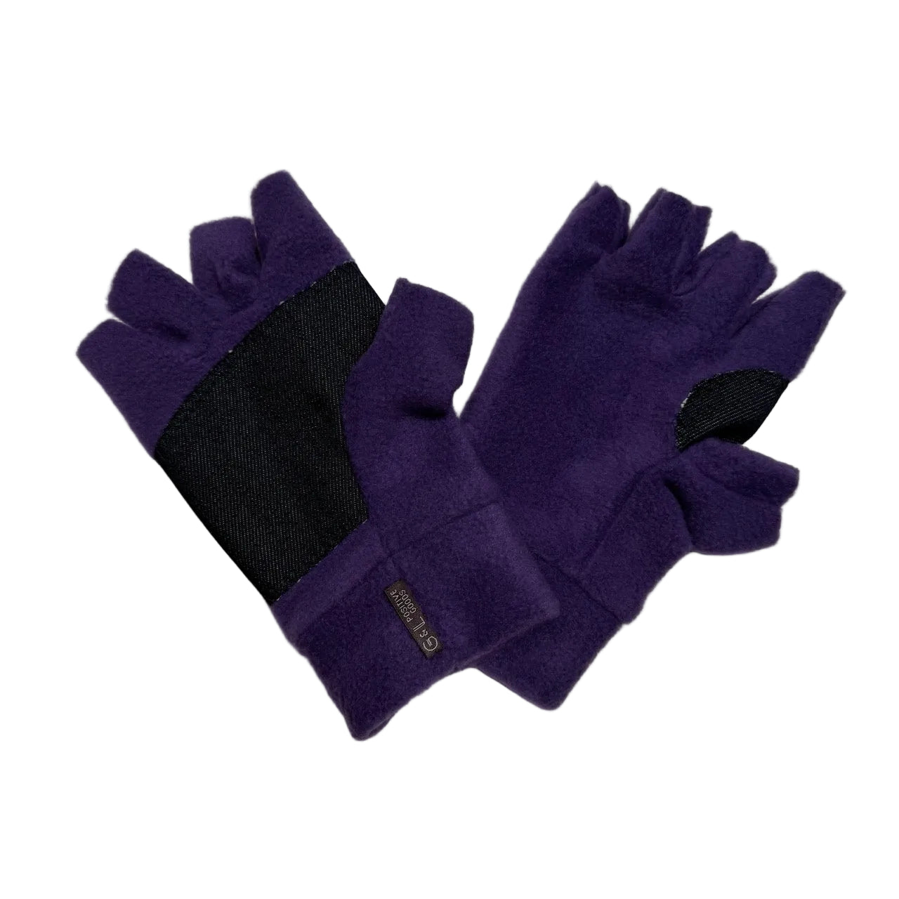 A pair of purple fleece fingerless gloves with black reinforced panels on the back of the hands and wrist, displayed on a light gray background.