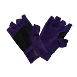 A pair of purple fleece fingerless gloves with black reinforced panels on the back of the hands and wrist, displayed on a light gray background.