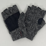Black Striped Nomad Fingerless Gloves front and back view made from recycled cotton