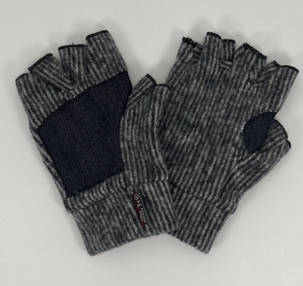 Black Striped Nomad Fingerless Gloves front and back view made from recycled cotton