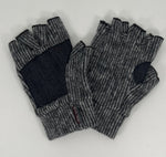 Black Striped Nomad Fingerless Gloves front and back view made from recycled cotton