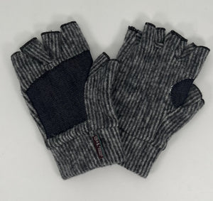 Black Striped Nomad Fingerless Gloves front and back view made from recycled cotton