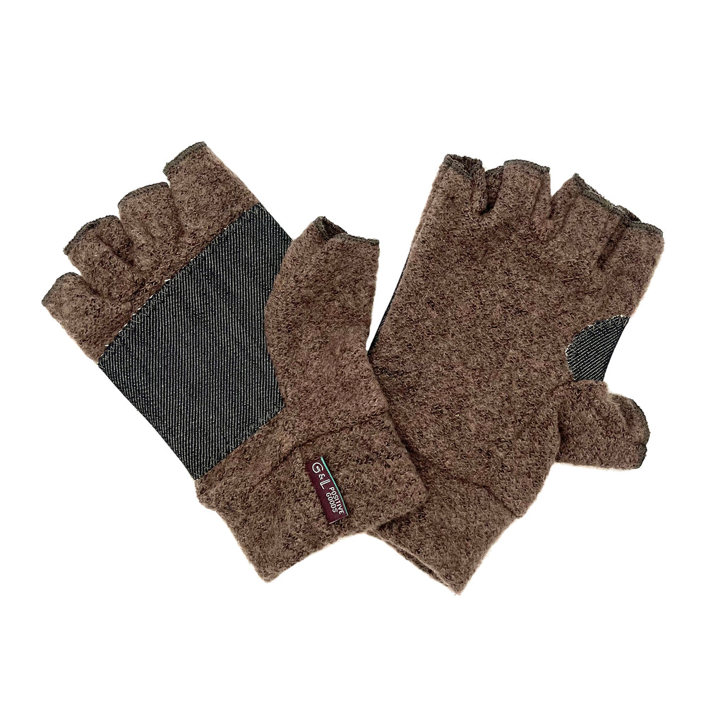 Brown Nomad Fingerless Gloves front and back view made from recycled cotton