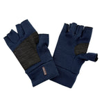 Dark navy fingerless gloves with denim palm on a white background