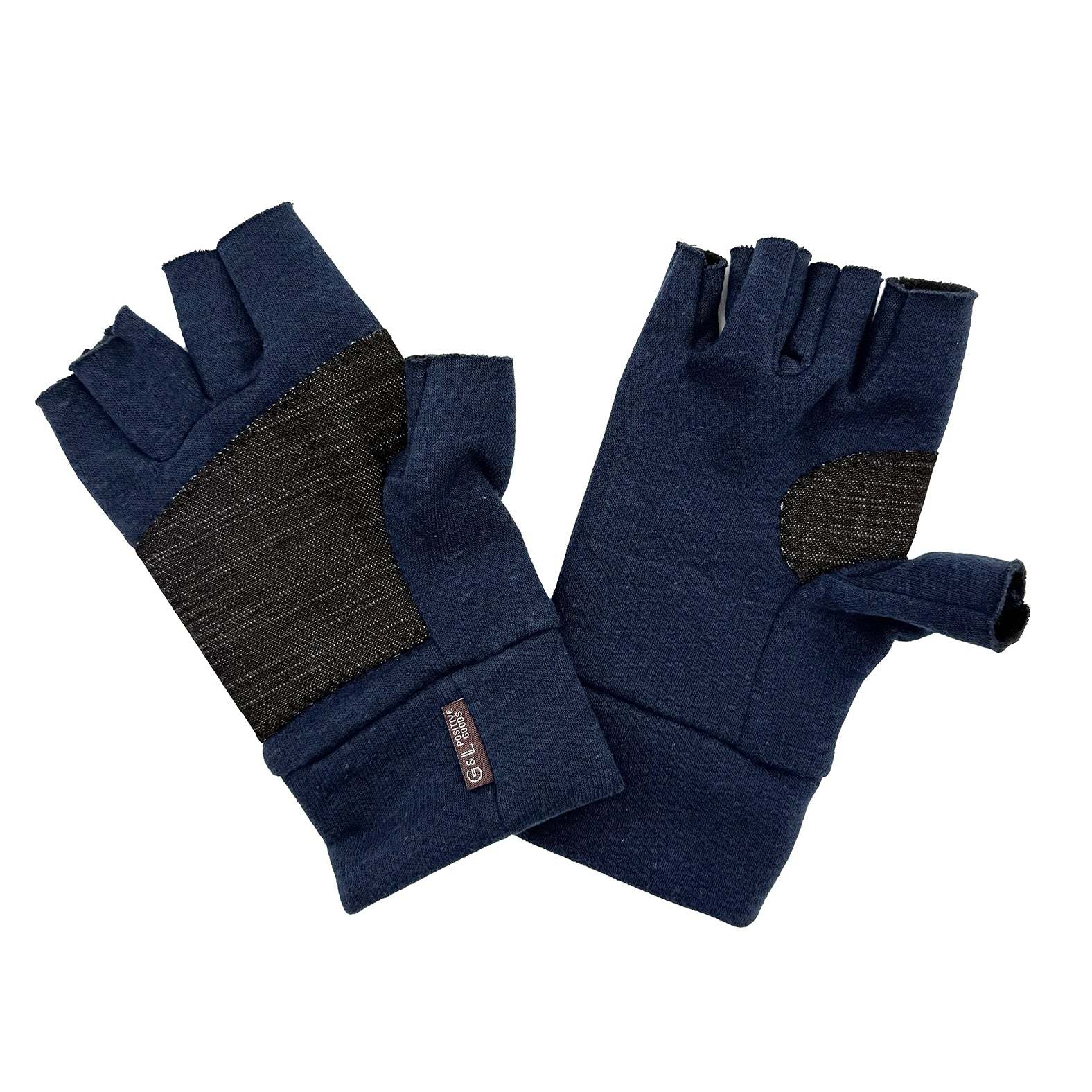 Dark navy fingerless gloves with denim palm on a white background
