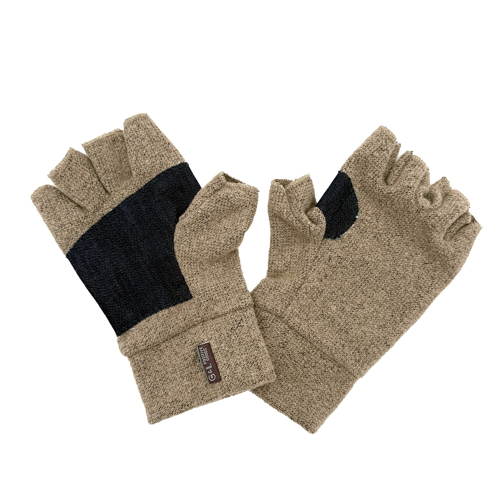 Tan  Nomad Fingerless Gloves front with Denim palm and back view made from recycled cotton