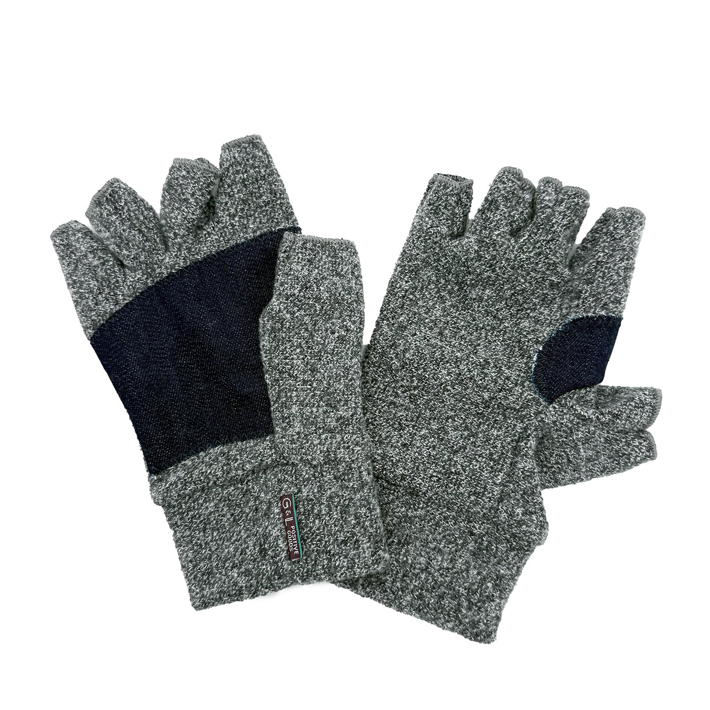 Grey Marl fingerless gloves with denim palm on a white background