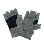 Grey Marl fingerless gloves with denim palm on a white background