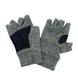 Grey Marl fingerless gloves with denim palm on a white background