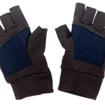 Pair of brown gloves with denim palm on a white background
